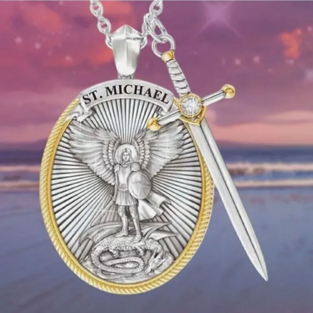 Patron Saint‎ Michael Archangel Catholic Necklace Sword Pendant Mens